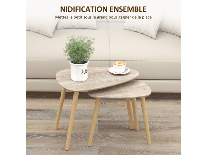  Lot de 2 tables basses gigognes design pieds scandinave en bois et plateau en bois, aspect naturel  - Conforama D