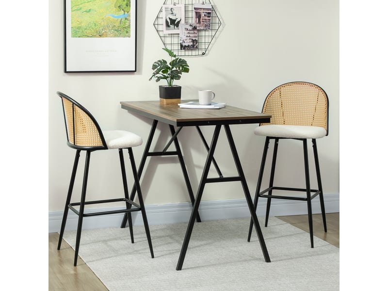  Ensemble de 2 tabourets de bar avec dossier en rotin, assise rembourrée en peau de mouton, structure en acier et repose-pieds, couleur crème  - Conforama C