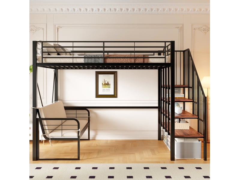 Lit mezzanine 140 x 200 cm en métal avec canapé amovible et escalier coffre noir  - Conforama D