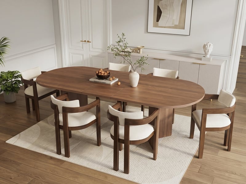 Ensemble table et chaises de salle à manger, table extensible 160/200 x 90 cm, 6 chaises en bois massif avec tissu en lin, style moderne, coloris noyer - Conforama B