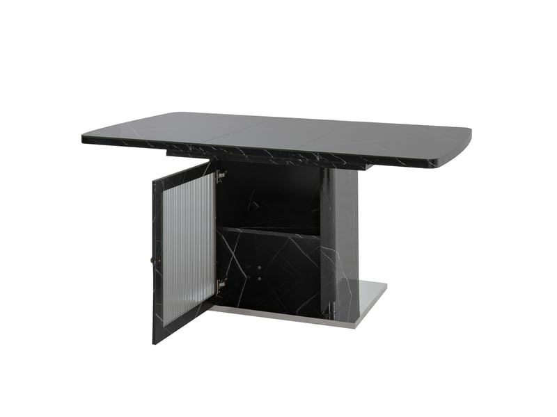 Table à manger extensible 120-160x80x76 cm, rangement 2 niveaux, porte vitrée, mdf, métal, noir effet marbre - Conforama A