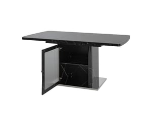 Table à manger extensible 120-160x80x76 cm, rangement 2 niveaux, porte vitrée, mdf, métal, noir effet marbre