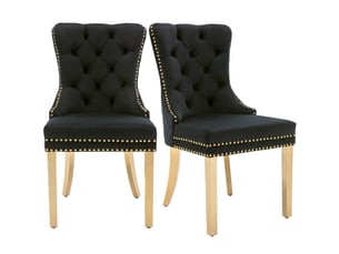 Lot de 2 chaises de salle à manger en velours avec heurtoir à l'arrière,garniture en tête de clou et pieds en acier inoxydable plaqué or,noir