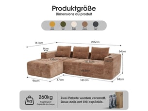 Canapé d'angle compressé 258 cm en chenille marron clair, 3 places avec 3 coussins et porte-gobelets