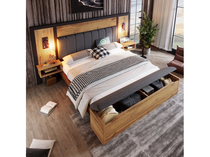  Lit double 160x200 avec chevets, liseuses et banc de rangement evryae  - Conforama C
