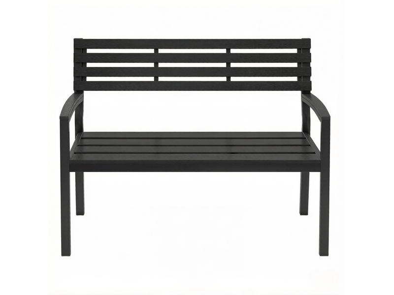  Banc de jardin 115x55x85cm avec dossier et accoudoirs, structure métal noir et lattes aspect bois  - Conforama A
