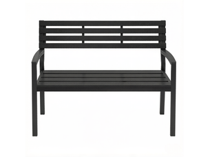 Banc de jardin 115x55x85cm avec dossier et accoudoirs, structure métal noir et lattes aspect bois