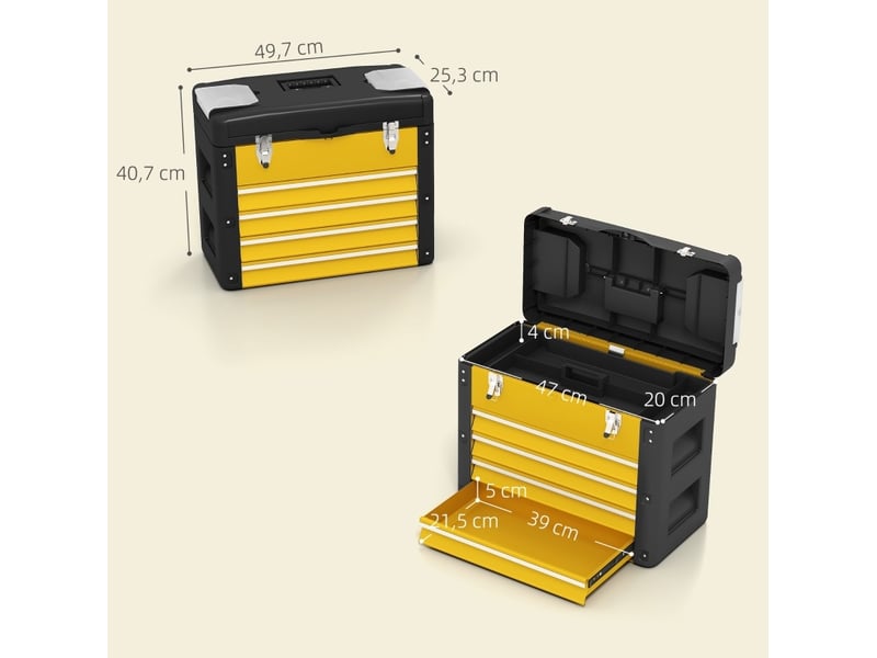  Boîte à outils vide 49,7x25,3x40,7 cm avec 4 tiroirs, métal, jaune  - Conforama C