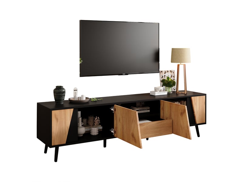  Meuble tv 180 cm noir et bois, meuble tv pour téléviseur 75 pouces avec 2 placards, tiroir et étagère ouverte  - Conforama E