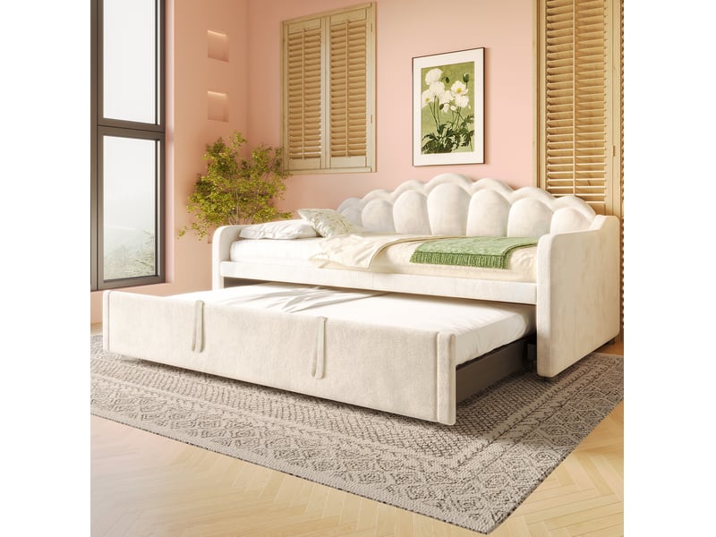 Lit gigogne canapé 90x200 cm fermé 180x200 cm ouvert, led multicolore, velours et mdf, beige, sans matelas - Conforama E