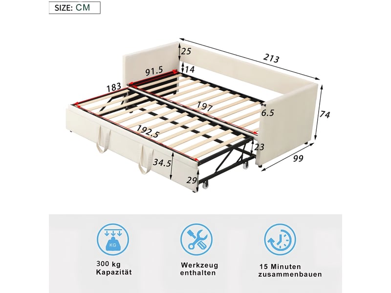  Lit de repos extensible, 90180 x 200 cm, canapé-lit, lit capitonné, revêtement en tissu lin, canapé-lit pour 2 adultes, sans matelas, beige  - Conforama C