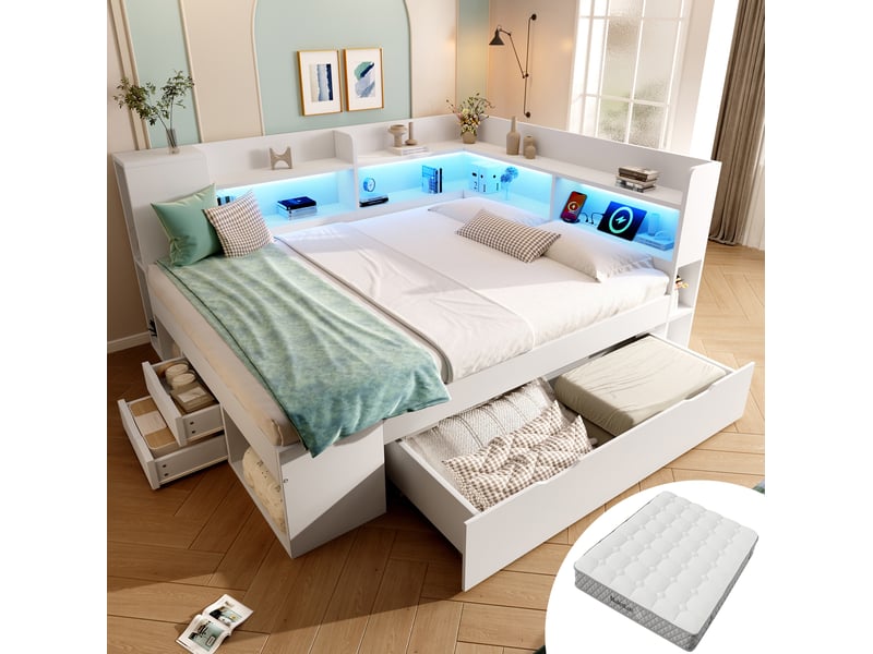  Lit double 140x200 cm avec matelas, led, rangements, usb et usb-c, blanc  - Conforama B