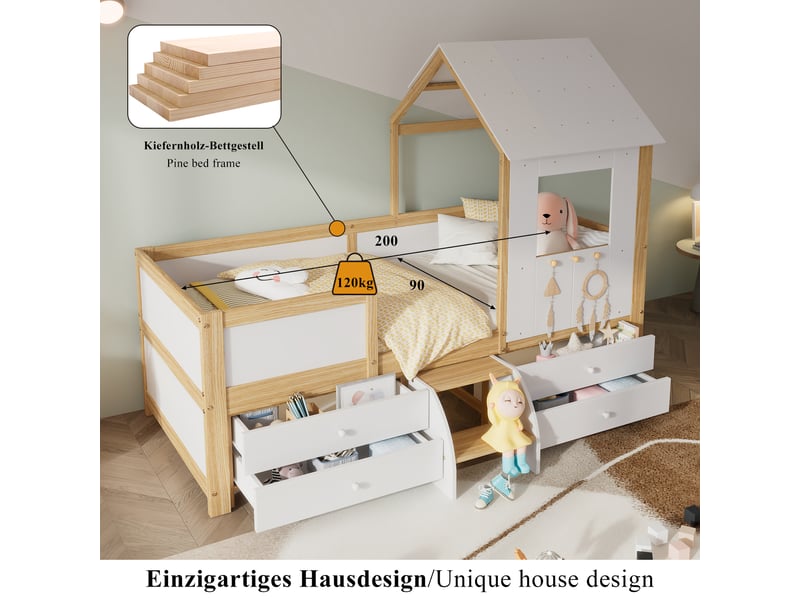  Lit maison pour enfant surélevé avec fenêtre, tiroirs de rangement et escalier, 90x200cm, blanc naturel  - Conforama C