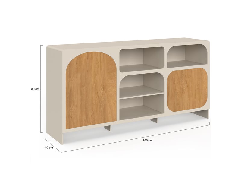  Buffet 160 cm athena 2 portes avec 4 niches design organique beige et effet bois  - Conforama E