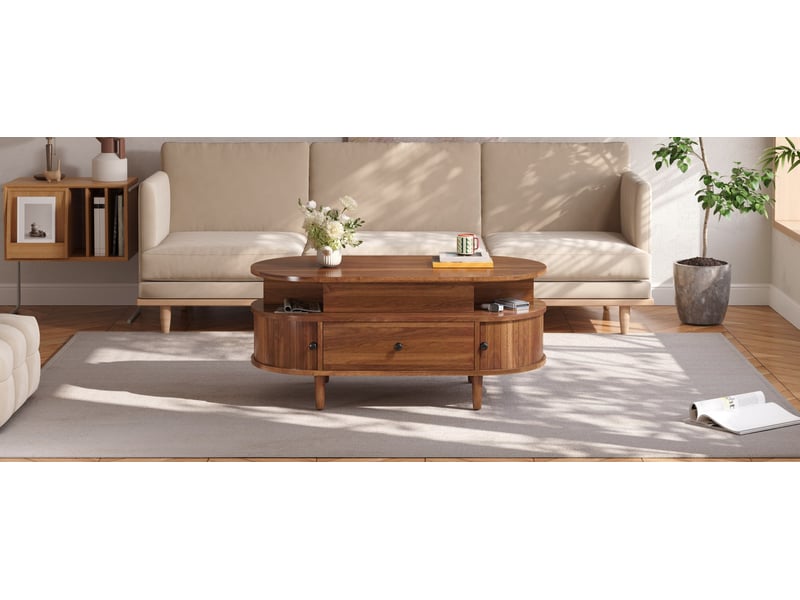  Table basse relevable ovale 105x50 cm – noyer – plateau hydraulique, tiroir et portes coulissantes latérales  - Conforama B