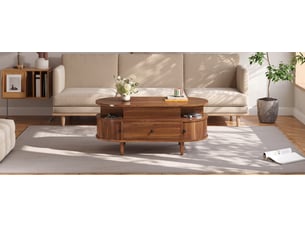 Table basse relevable ovale 105x50 cm – noyer – plateau hydraulique, tiroir et portes coulissantes latérales