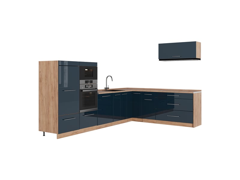 Vicco cuisine en angle, bleu foncé brillantchêne de force doré, 327 x cm, pt chêne - Conforama A