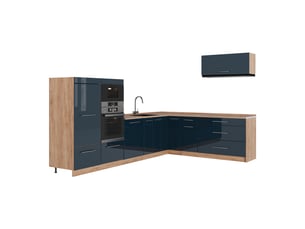 Vicco cuisine en angle, bleu foncé brillantchêne de force doré, 327 x cm, pt chêne