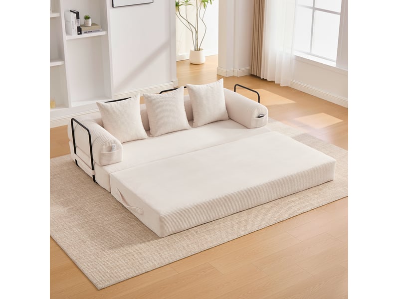 Canapé modulaire 3 places modulable avec poches latérales et 3 coussins, structure en métal et velours côtelé beige - Conforama B