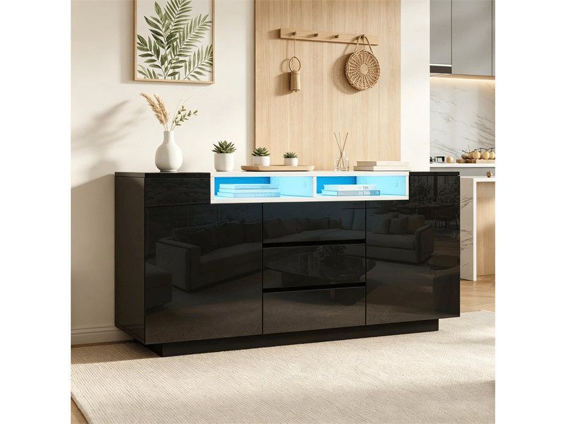  Buffet 140 x 40 x 68 cm, 2 portes en l, 3 tiroirs, étagères réglables, éclairage led, finition brillante, noir evarich - Conforama B