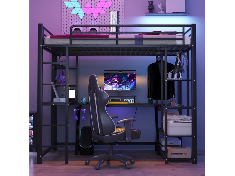  Lit mezzanine surélevé enfant 90x200 cm, penderie, sommier à lattes, avec bureau, métal, noir sans matelas  - Conforama E