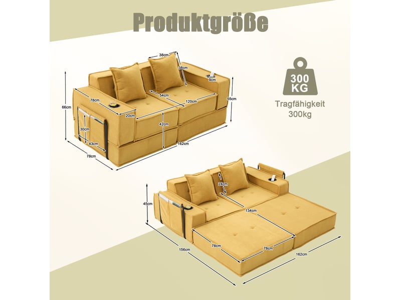  Canapé-lit modulaire ulevr 2 places convertible en chenille jaune moutarde, 162 x 78 x 66 cm, poches latérales et porte-gobelets  - Conforama C