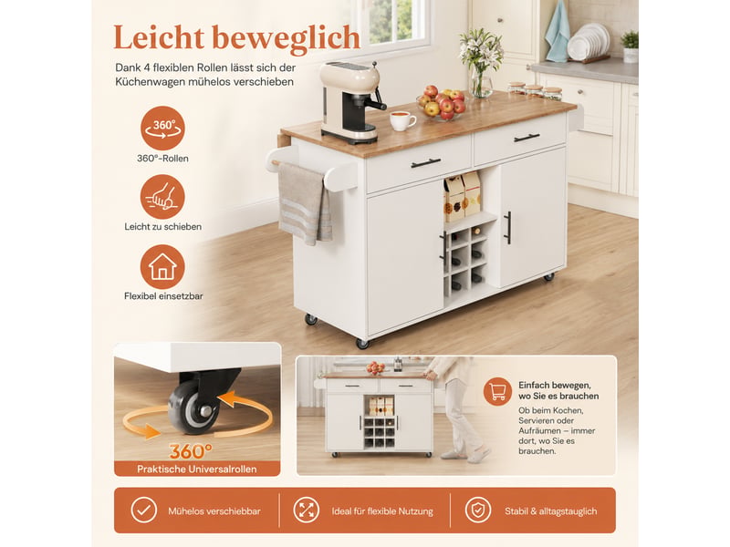 Îlot de cuisine mobile pliable avec rangement, chariot à roulettes, 2 tiroirs et porte-bouteilles - Conforama E