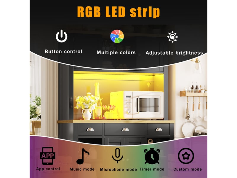  Armoire haute led noire, rangement moderne avec éclairage rgb, portes soft close, plan bois, tablettes et paniers réglables, sécurité anti bascule  - Conforama E