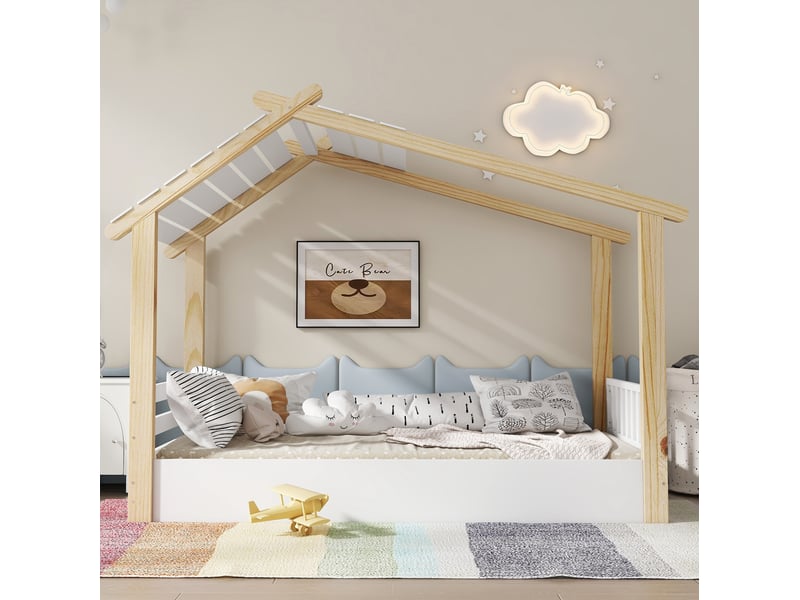  Lit enfant 90x200 cm design maison en bois blanc et naturel  - Conforama D