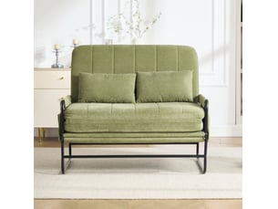 Canapé droit convertible 2 places en tissu vert olive, structure métal et poches latérales, idéal petit espace