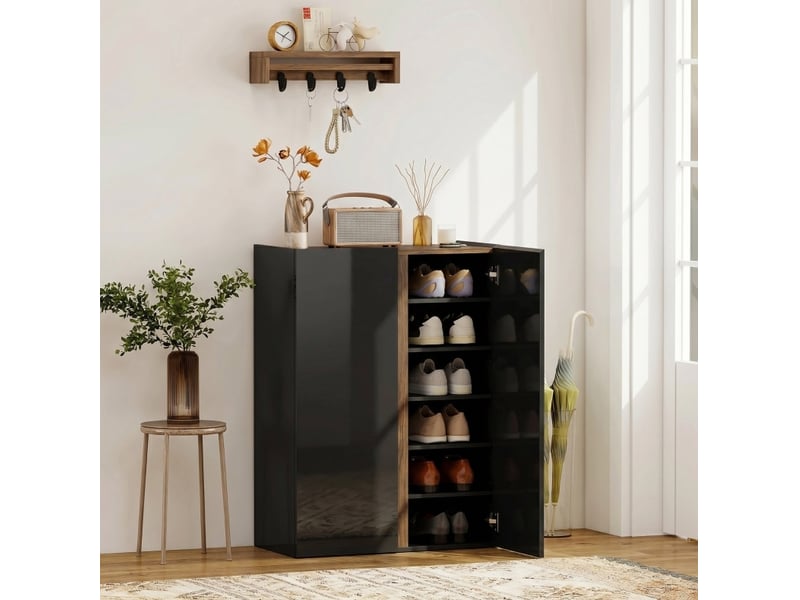  Meuble à chaussures 6 niveaux 70 x 33,5 x 95 cm, noir brillant sans poignées  - Conforama D