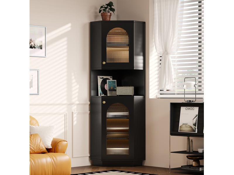 Armoire de salle de bains d'angle 45 x 45 x 166,5 cm noire en mdf, avec éclairage et rangements - Conforama B