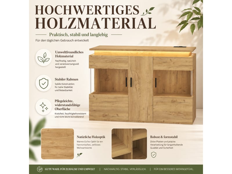  Buffet avec éclairage led et prises usb type-c portes en verre 120x40x79,5 cm  - Conforama E