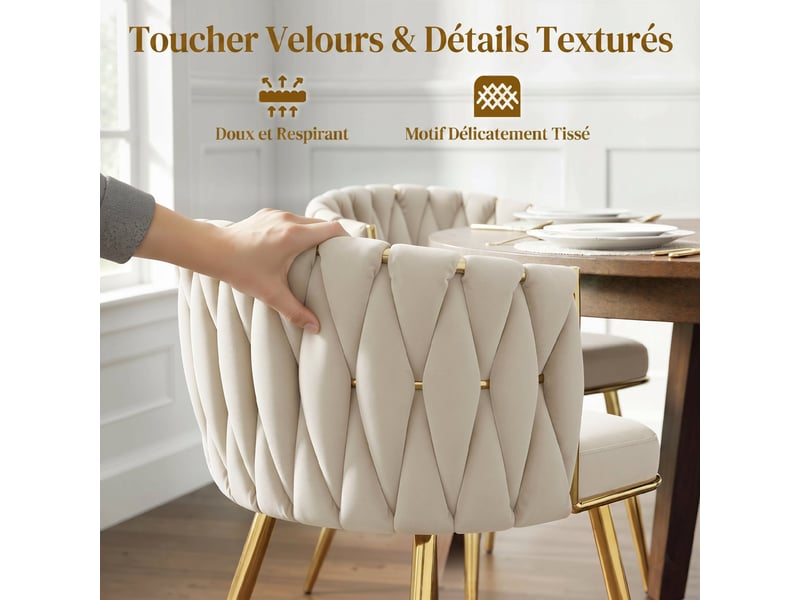  Lot de 2 chaises de salle à manger, chaises de cuisine rembourrées en velours avec dossier tressé et accoudoirs, crème  - Conforama R