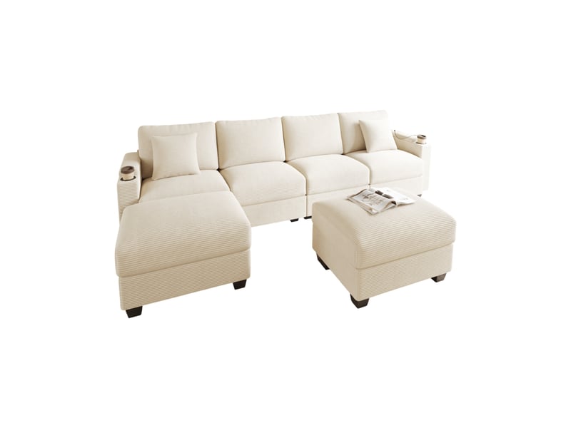  Canapé d'angle modulable convertible 6 places en velours côtelé beige avec usb, rangement et repose-pieds  - Conforama A