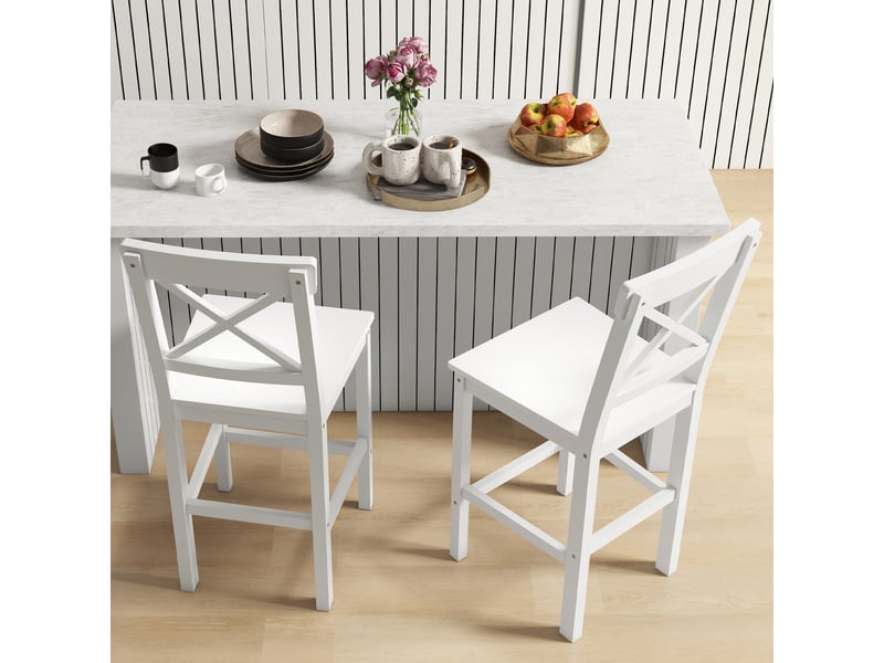  Lot de 2 chaises hautes, blanc, chaises de bar style campagne chic en bois hauteur 60 cm avec repose-pieds  - Conforama W