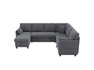 Canapé d'angle convertible 6 places 255x196x85 cm canapé-lit avec rangement, méridienne réversible, usb type-c, en tissu effet lin - gris