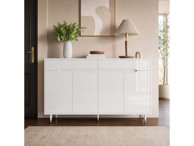  Meuble à chaussures ulevr avec rangement 18 à 24 paires, 140 x 39 x 84 cm, 2 portes, 2 tiroirs, étagères réglables, blanc et pieds dorés  - Conforama E