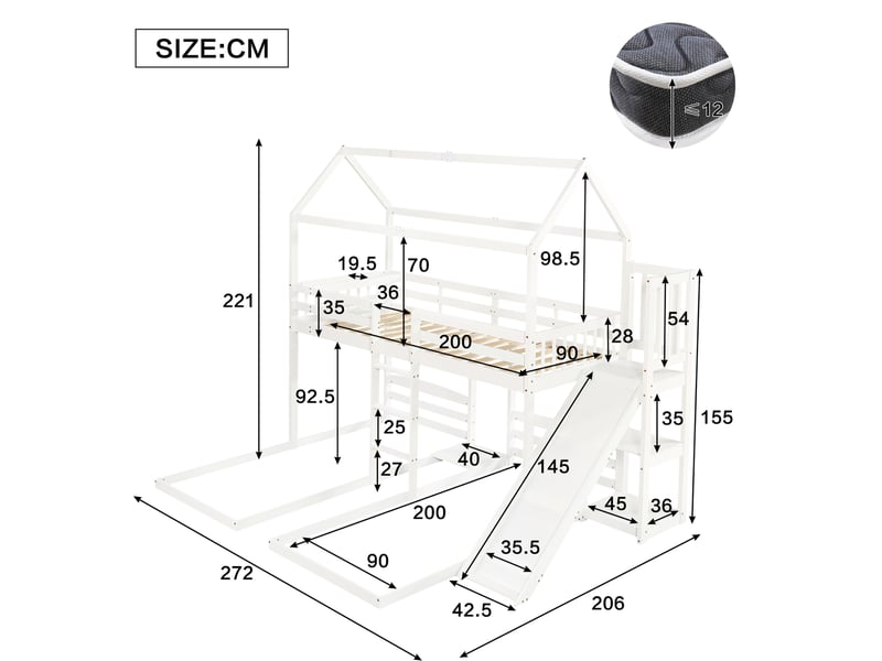  Lit superposé enfant blanc avec toboggan et 3 couchages 90 x 200 cm  - Conforama E