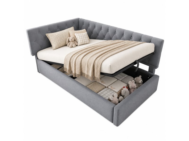  Lit banquette 190×90 cm avec rangement hydraulique et dossier réversible, sans matelas, en velours gris  - Conforama A