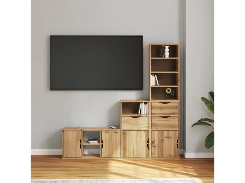  Lot de 4 meuble tv bas salon avec rangement odda bois de pin massif  - Conforama C