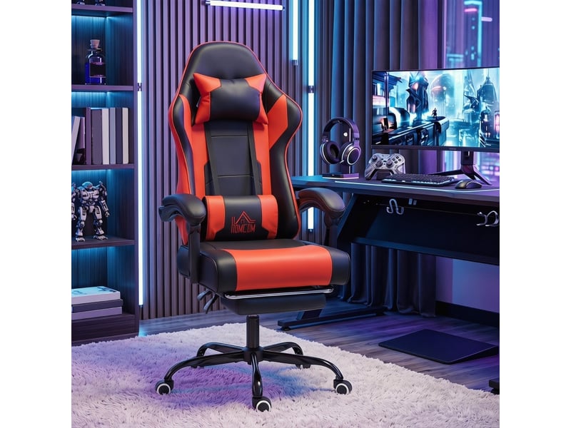 Chaise gamer larine inclinable massage lombaire repose pieds rouge - Conforama D