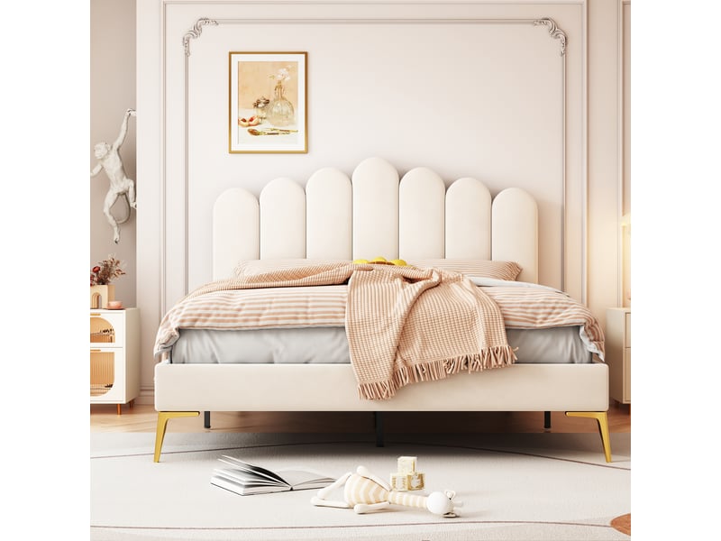  Lit capitonné en velours beige 140 x 200 cm  - Conforama D