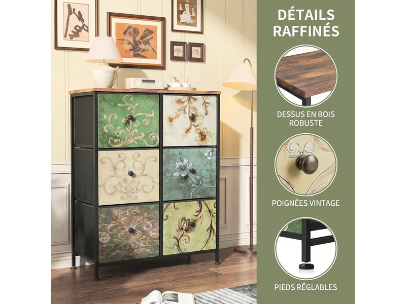  Commode 6 tiroirs, commode de rangement, tissu floral,structure en métal,pour salon, chambre, style bohème,67,5 x 30 x 86,5 cm  - Conforama D