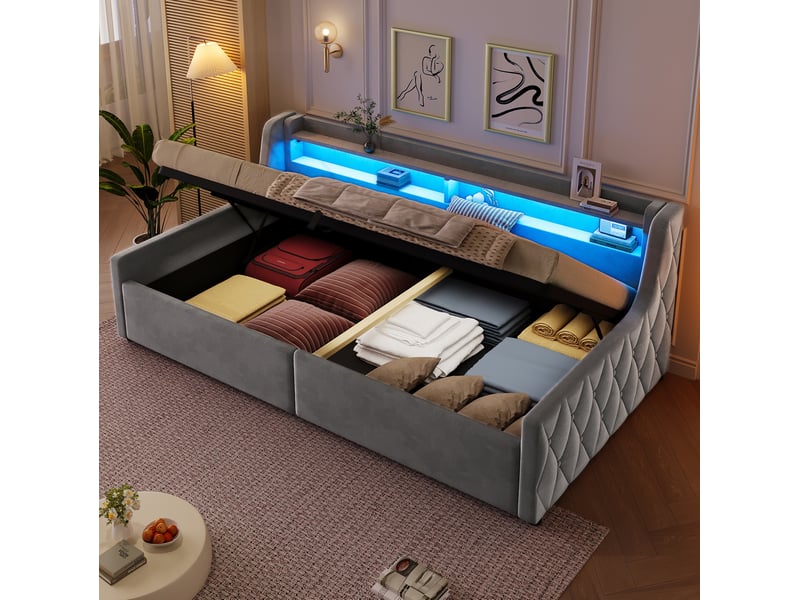  Lit jeune 90x200 cm, avec coffre hydraulique et tête de lit led, design moderne, flanelle, couleur gris, sans matelas  - Conforama D