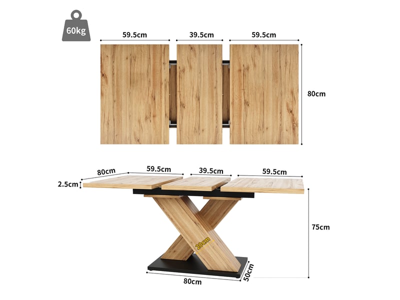  Table à manger extensible 119-158,5 cm en mdf effet bois avec pied central croisé, table téléscopique pour cuisine et salle à manger - bois naturel  - Conforama E