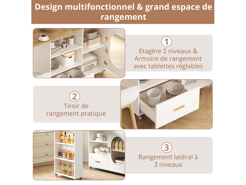  Îlot de cuisine mobile 120-180x60x90 cm plateau rotatif 360° naturel et blanc  - Conforama E