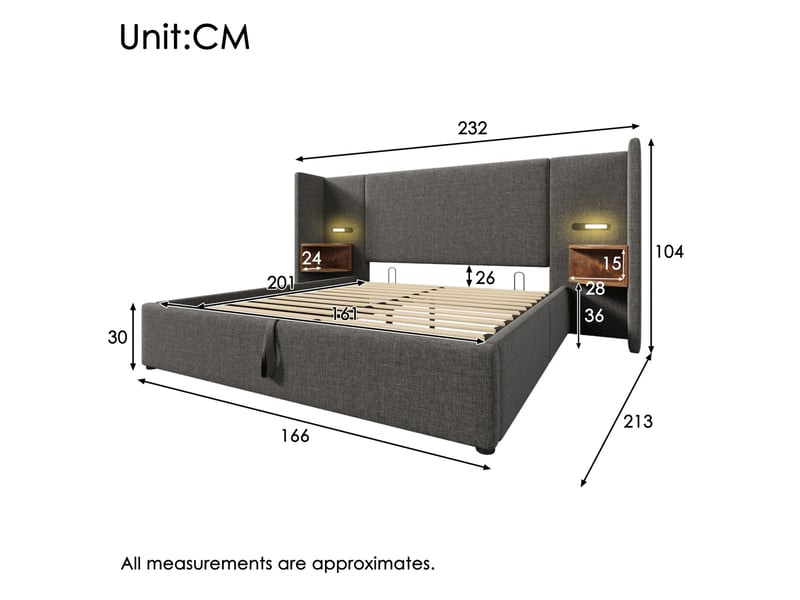  Lit coffre tcqpz 160 x 200 cm gris en lin avec lampe de lecture usb type-c  - Conforama C