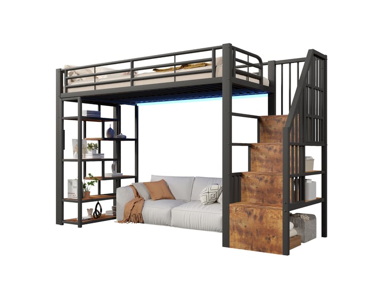  Lit mezzanine 90x200 cm avec escalier de rangement et led, en métal, noir, sans matelas  - Conforama A