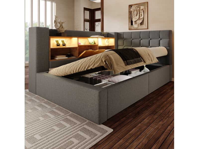 Lit enfant 90x200 cm – gris – rangement hydraulique, led, ports usb et usb-c, avec matelas et sommier - Conforama B